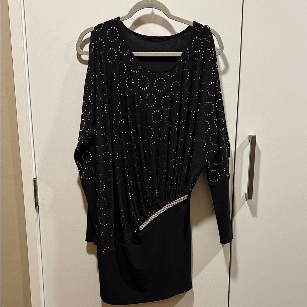 Chic Black Cold Shoulder Tunic Top with Silver Embellishment Design